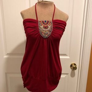 TRIXXI Three Pink Hearts red beaded halter top